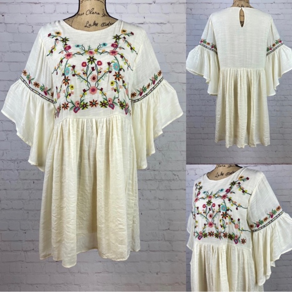 Umgee Cream Crinkly Babydoll Embroidered Bell Sleeve Dress